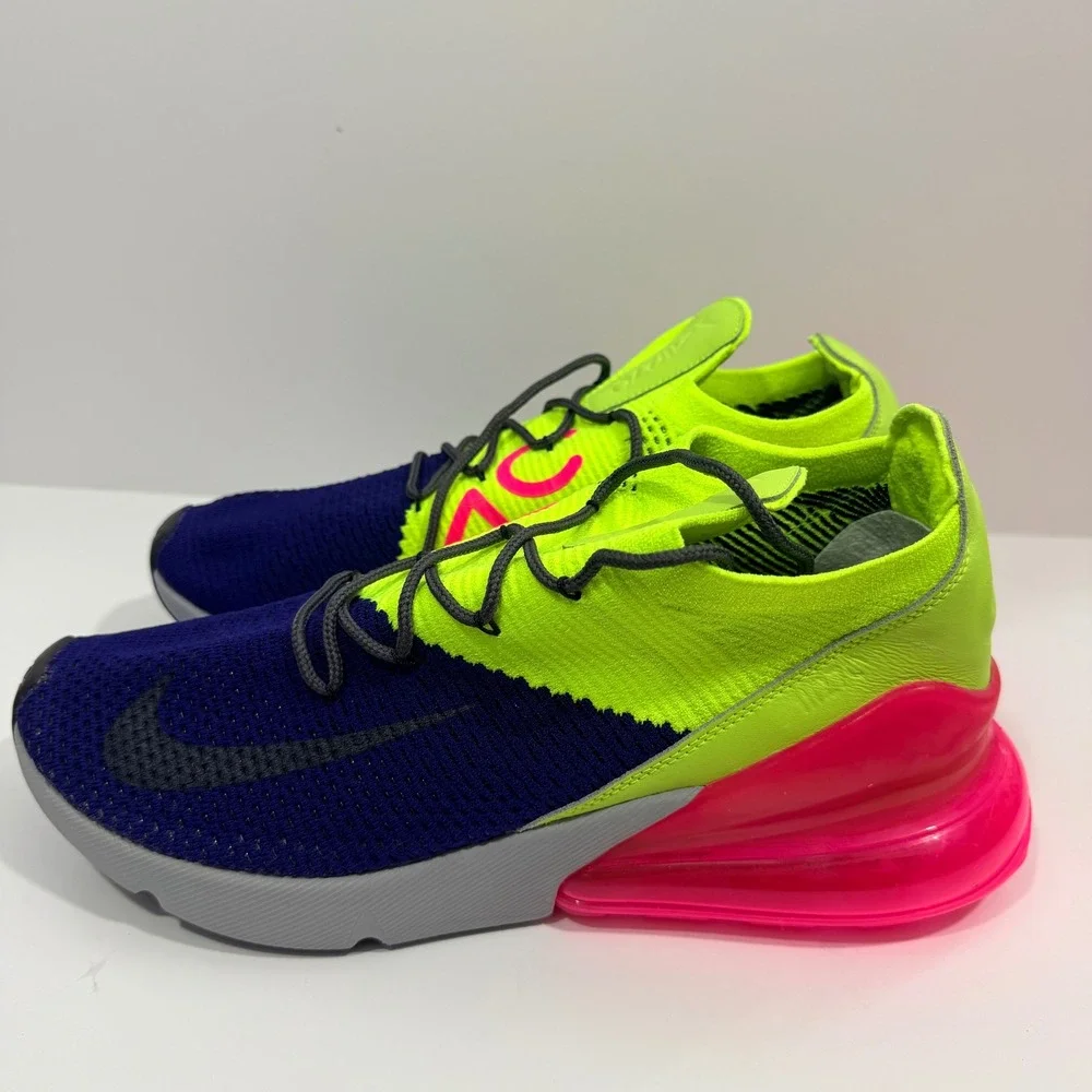 Nike Air Max 270 Flyknit Mens 11 Blue Volt Pink Excellent AO1023-501 Sneaker